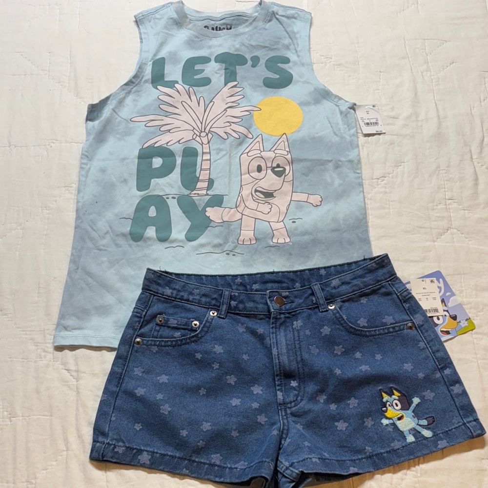 NWT Bluey‎ Let's Play Tie-Dye Tank Top & Blue Star Denim Shorts 2-Piece Outfit
